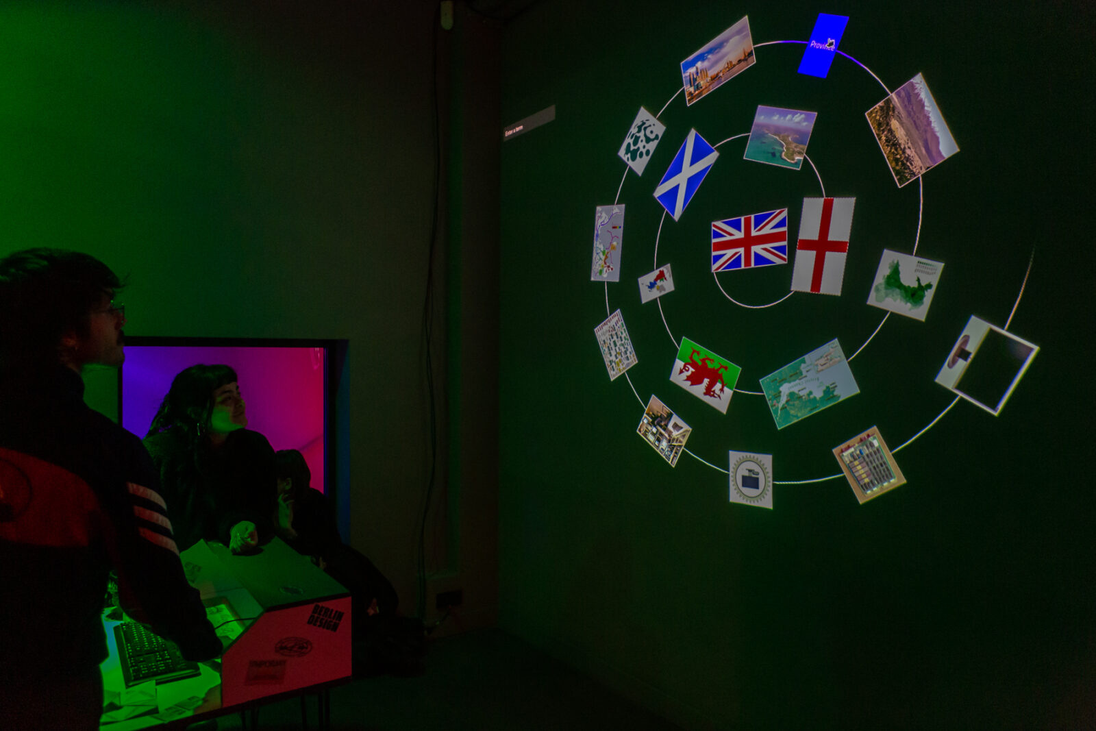 Installation view of Spiral Getty with projected spiral of images.