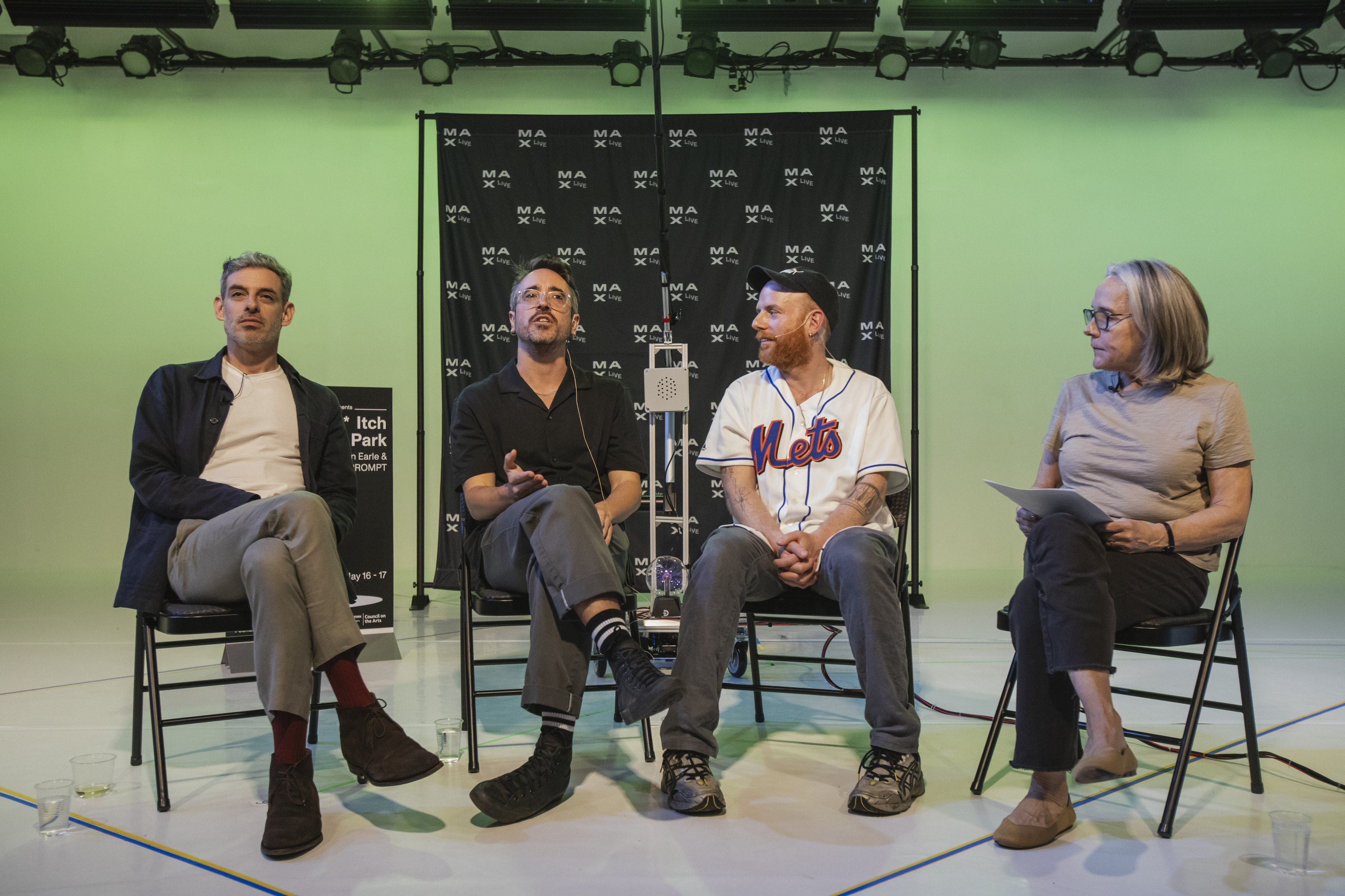 Grayson Earle discussing the project in New York City at the Centre for Performance Research with Tal Linzen, Johannes Büttner, and Kay Matschullat.